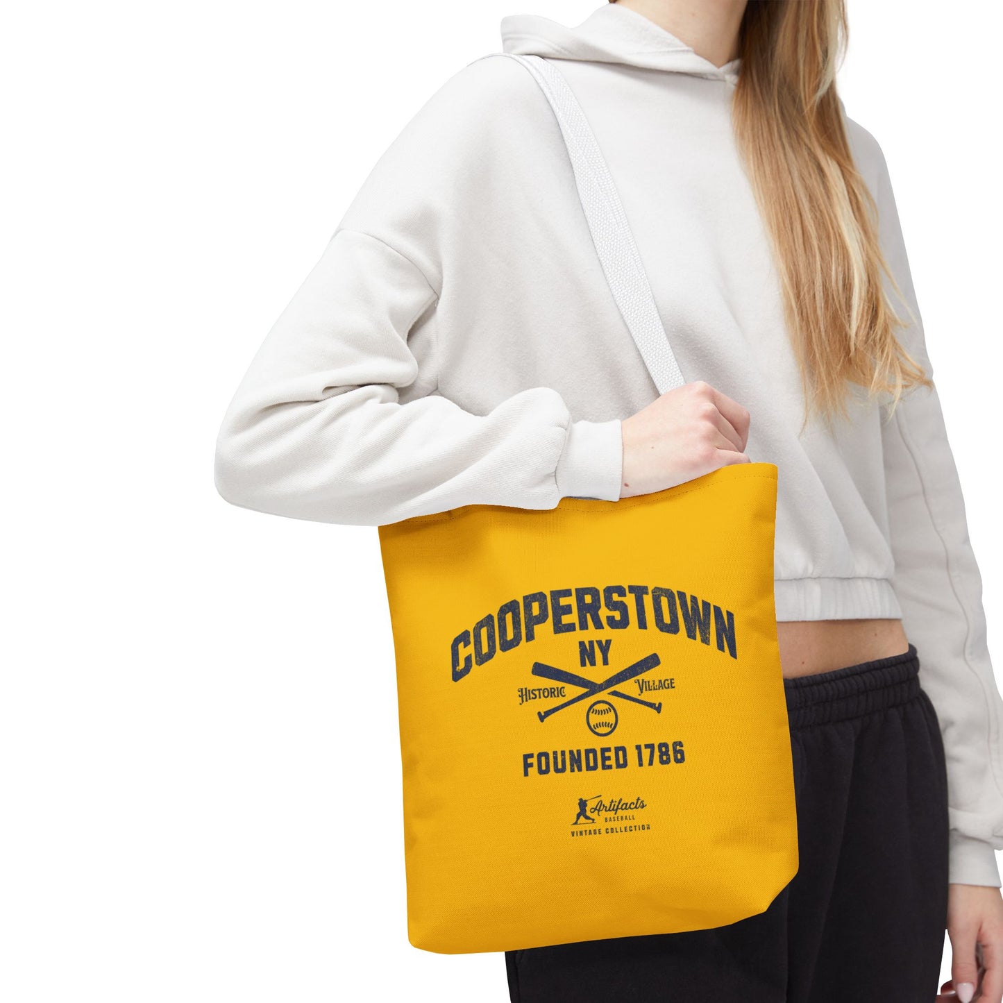 Cooperstown, NY Tote Bag_Yellow Gold w Navy Print