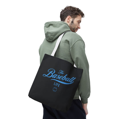 The Baseball Life Tote Bag_Black w Carolina Blue Print