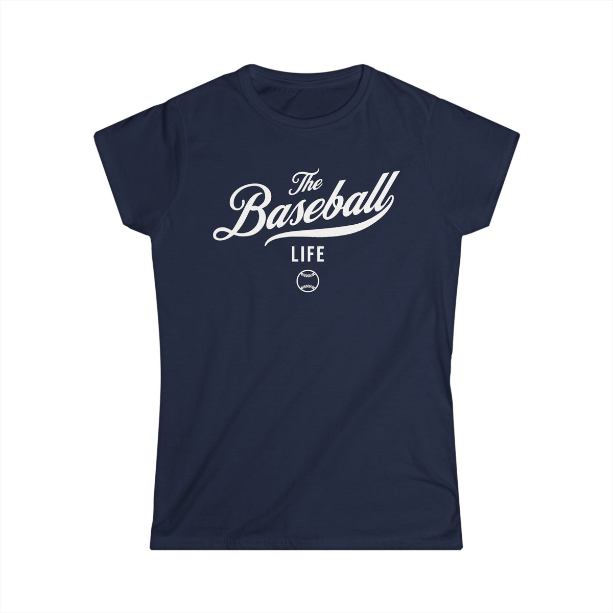 A women's navy blue cap-sleeve crewneck t-shirt with a white logo graphic on the front reading 'The Baseball Life' and a small baseball icon, displayed on a solid white background.