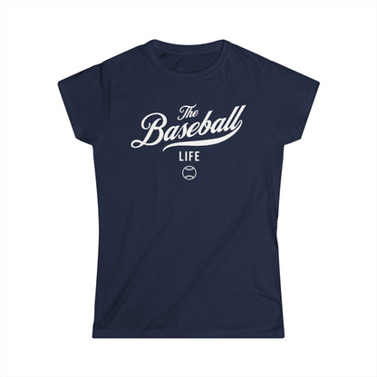 A women's navy blue cap-sleeve crewneck t-shirt with a white logo graphic on the front reading 'The Baseball Life' and a small baseball icon, displayed on a solid white background.