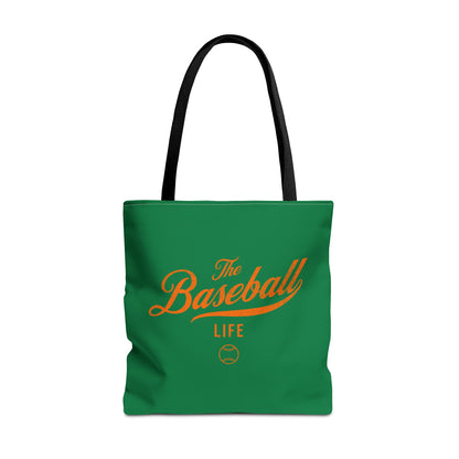 The Baseball Life Tote Bag_Green w Orange Print