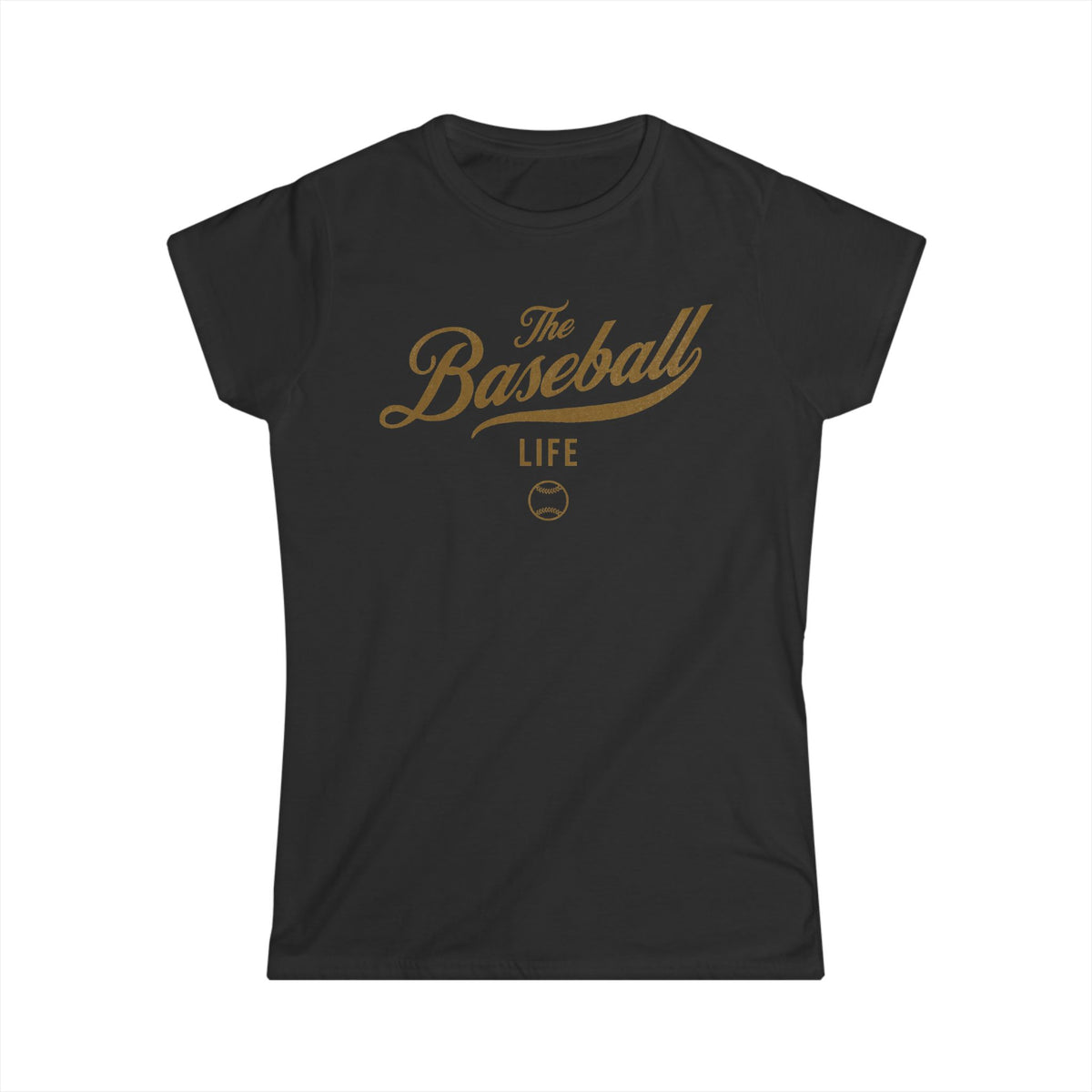 A women's black cap-sleeve crewneck t-shirt with an Old Gold logo graphic on the front reading 'The Baseball Life' and a small baseball icon, displayed on a solid white background.