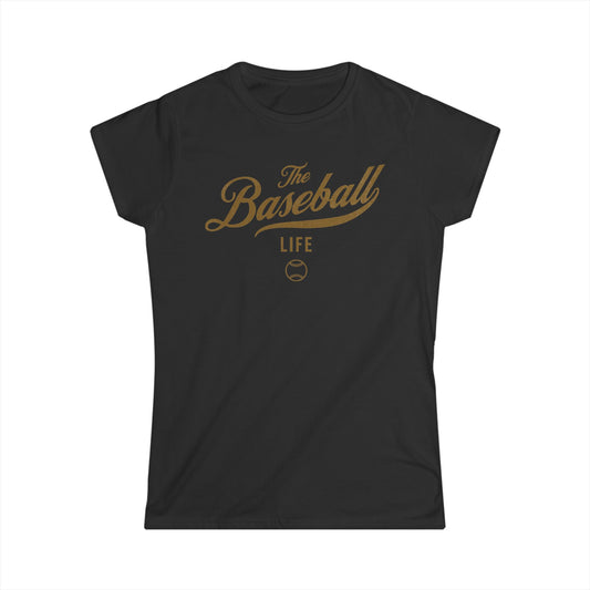 A women's black cap-sleeve crewneck t-shirt with an Old Gold logo graphic on the front reading 'The Baseball Life' and a small baseball icon, displayed on a solid white background.