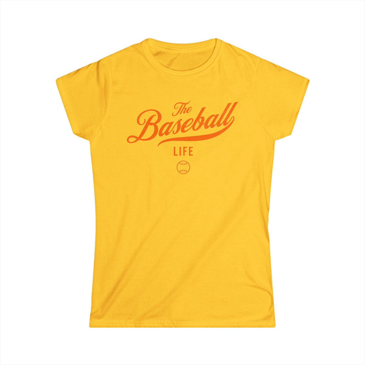 A women's daisy yellow cap-sleeve t-shirt with an orange The Baseball Life logo printed across the chest.