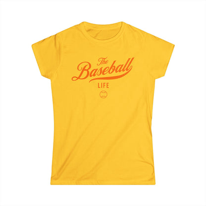 A women's daisy yellow cap-sleeve t-shirt with an orange The Baseball Life logo printed across the chest.