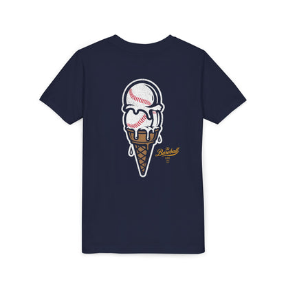 A navy t-shirt with a dripping double-scoop ice cream cone made of baseballs.