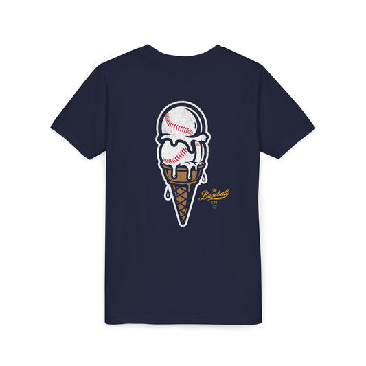 A navy t-shirt with a dripping double-scoop ice cream cone made of baseballs.
