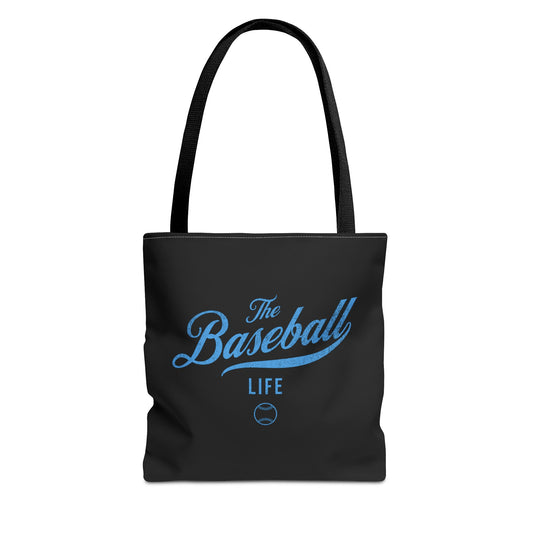 The Baseball Life Tote Bag_Black w Carolina Blue Print