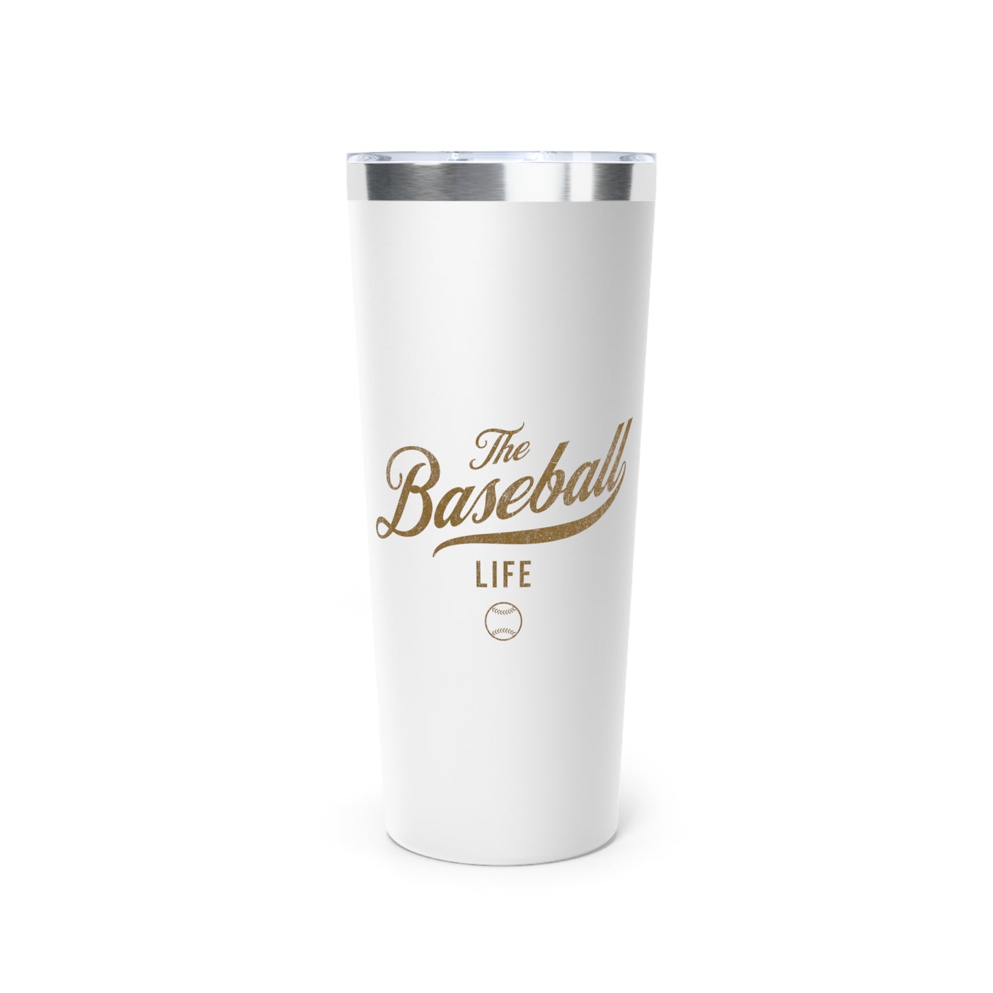 The Baseball Life 22oz Insulated Travel Tumbler_White w Old Gold Print