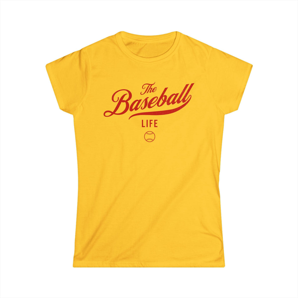 A women's daisy yellow cap-sleeve crewneck t-shirt with a red logo graphic on the front reading 'The Baseball Life' and a small baseball icon, displayed on a solid white background.