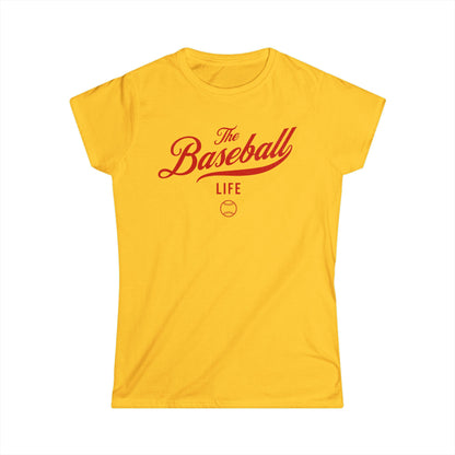 A women's daisy yellow cap-sleeve crewneck t-shirt with a red logo graphic on the front reading 'The Baseball Life' and a small baseball icon, displayed on a solid white background.