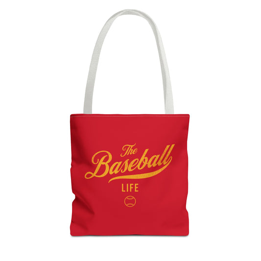 The Baseball Life Tote Bag_Red w Yellow Gold Print