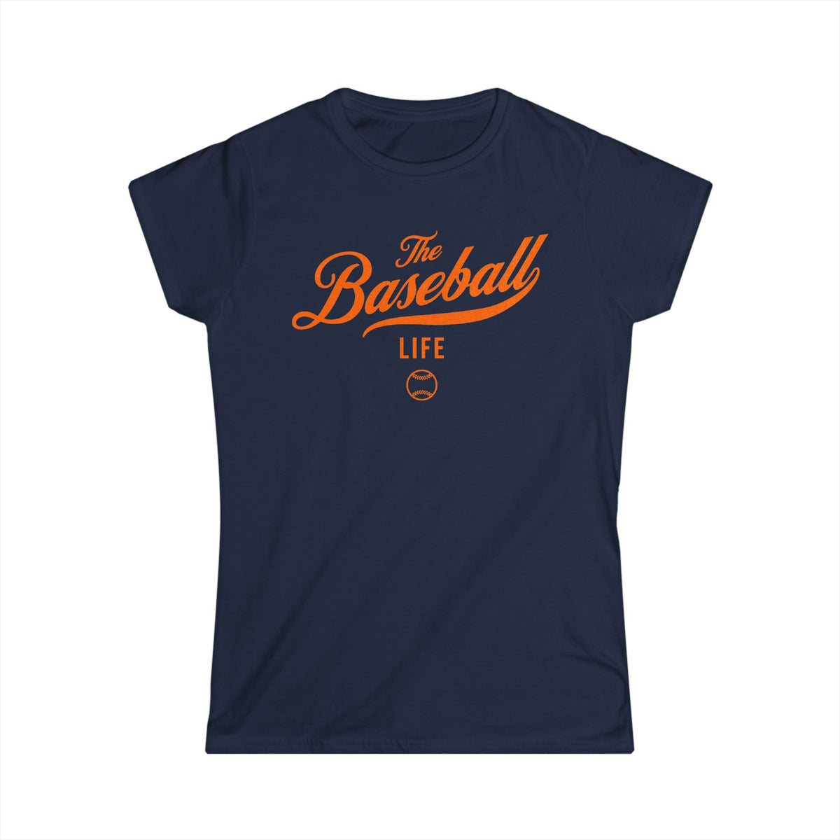 A women's navy blue cap-sleeve t-shirt with an orange The Baseball Life logo printed across the chest.