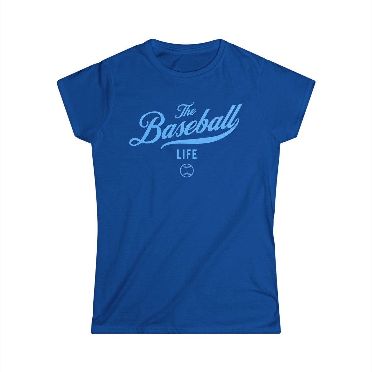 A women's royal cap-sleeve crewneck t-shirt with a Carolina Blue logo graphic on the front reading 'The Baseball Life' and a small baseball icon, displayed on a solid white background.
