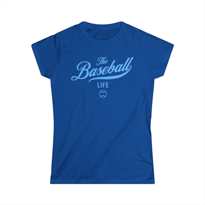 A women's royal cap-sleeve crewneck t-shirt with a Carolina Blue logo graphic on the front reading 'The Baseball Life' and a small baseball icon, displayed on a solid white background.