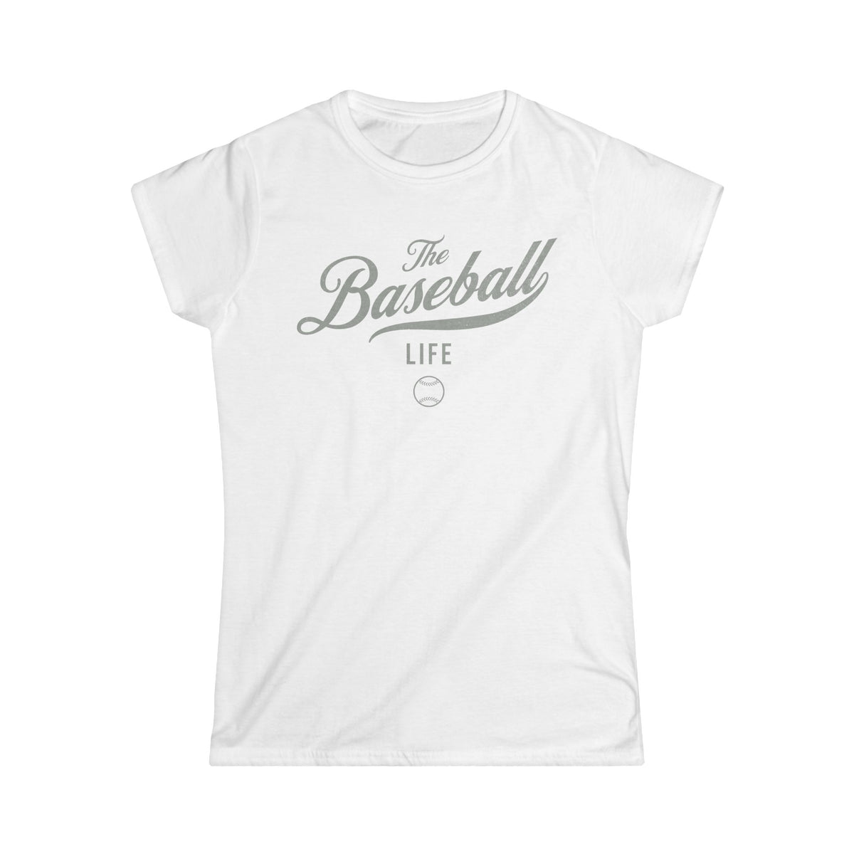 A women's white cap-sleeve t-shirt with a silver gray The Baseball Life logo printed across the chest.