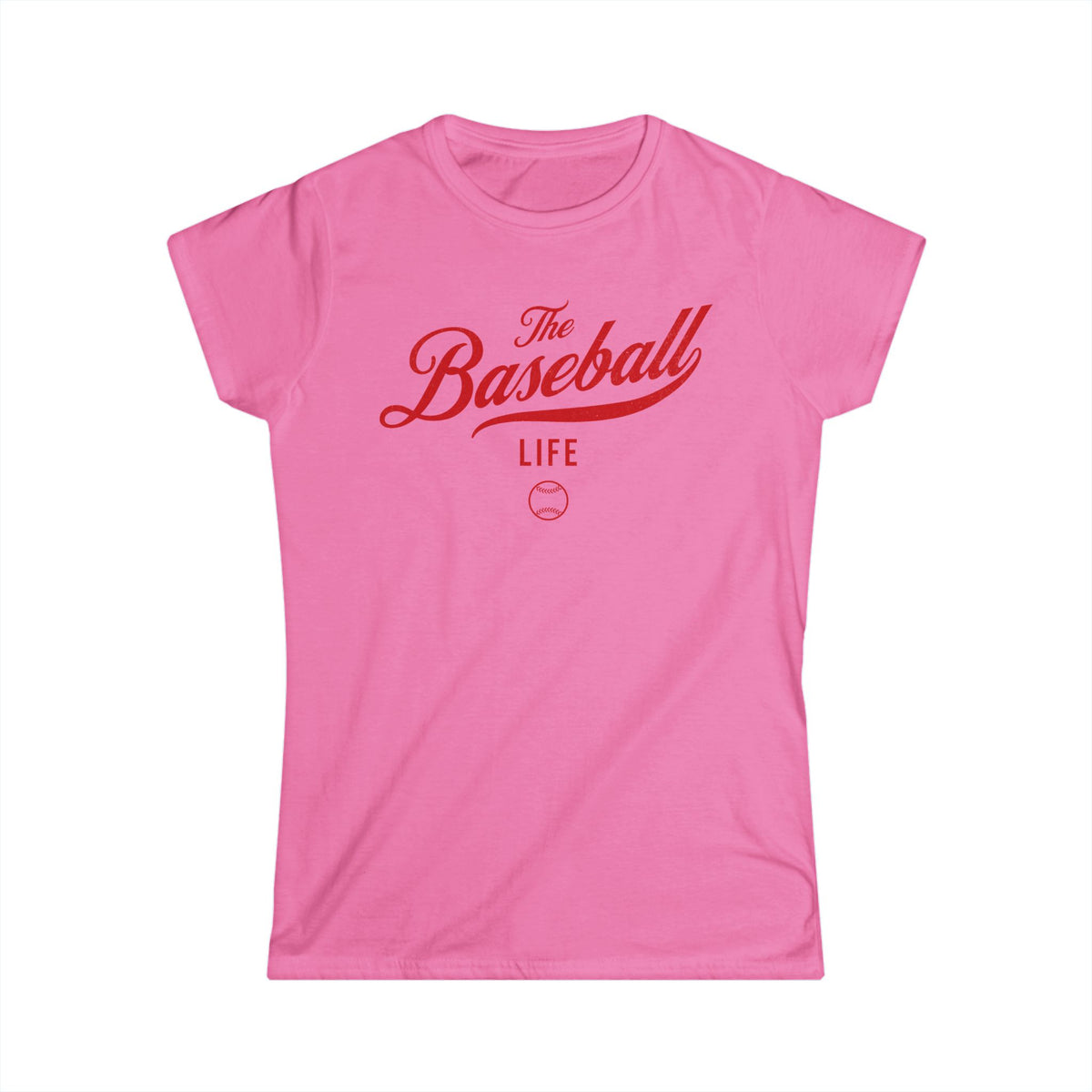 A women's azalea pink cap-sleeve crewneck t-shirt with a red logo graphic on the front reading 'The Baseball Life' and a small baseball icon, displayed on a solid white background.