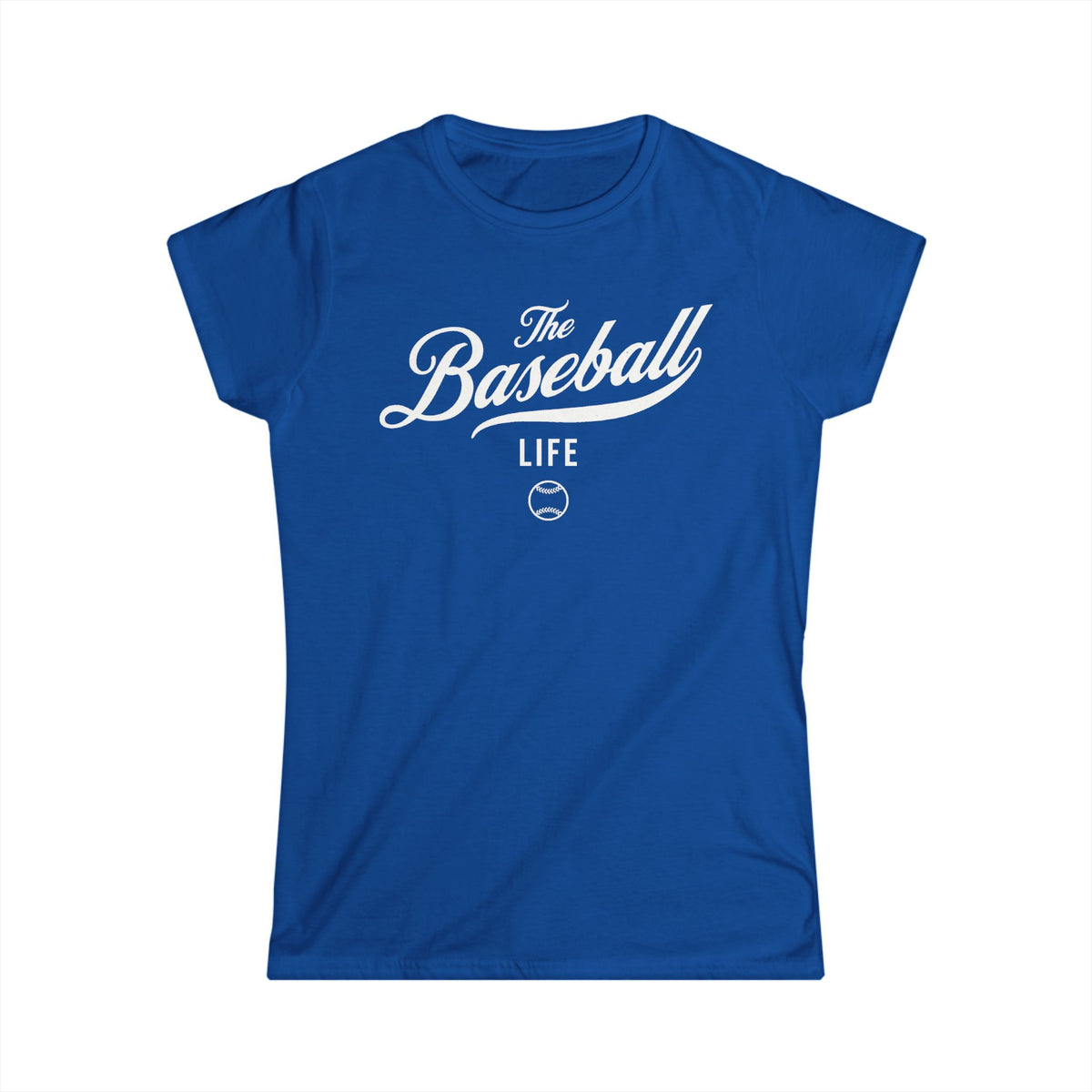A women's royal blue cap-sleeve crewneck t-shirt with a white logo graphic on the front reading 'The Baseball Life' and a small baseball icon, displayed on a solid white background.