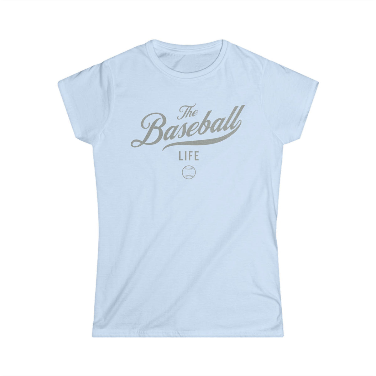 A women's light blue cap-sleeve t-shirt with a silver gray The Baseball Life logo printed across the chest.