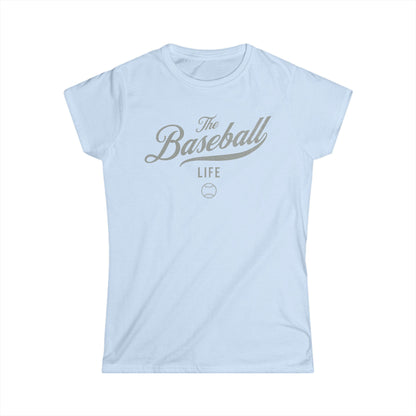A women's light blue cap-sleeve t-shirt with a silver gray The Baseball Life logo printed across the chest.