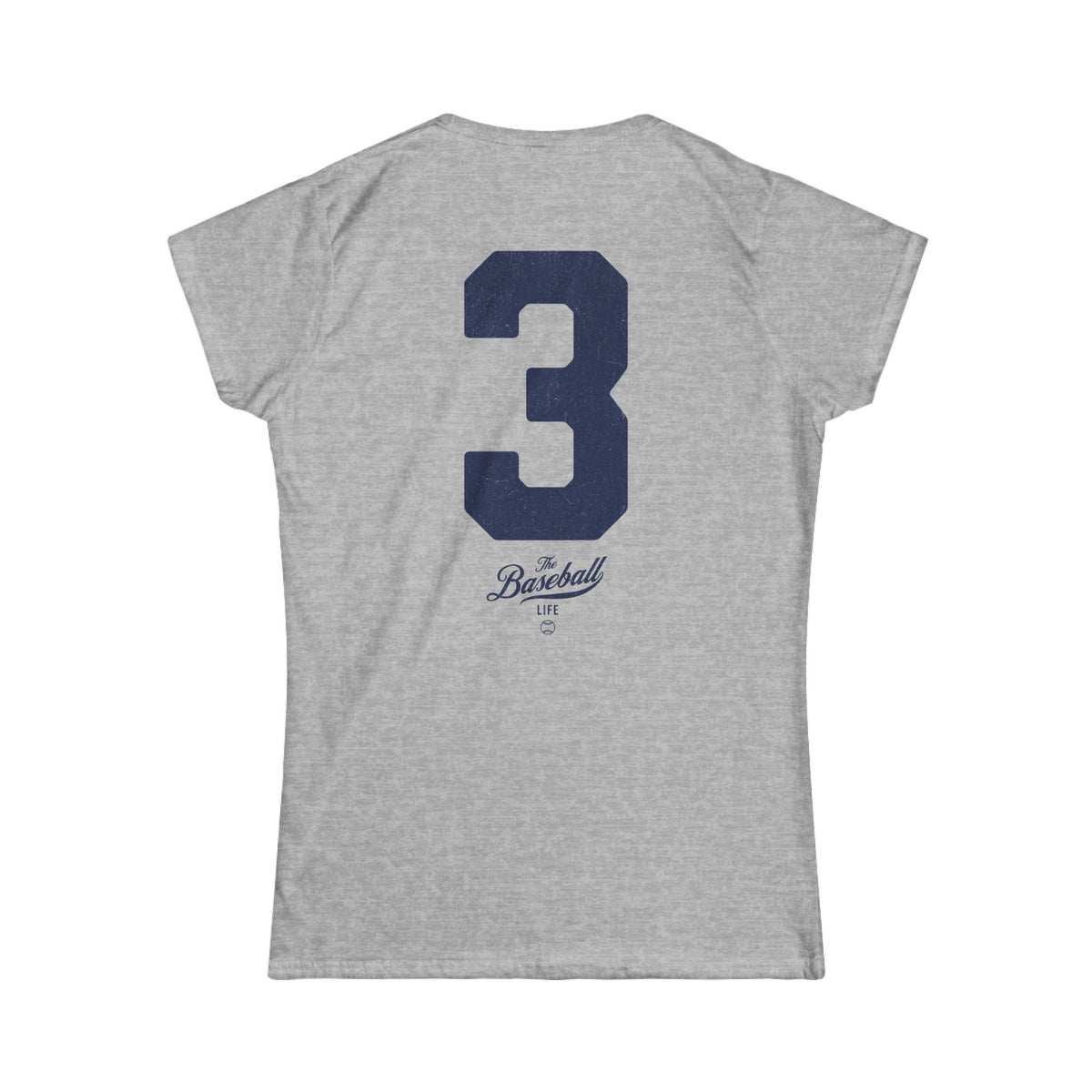 Athletic heather gray cap sleeve women's t-shirt featuring the number 3 and The Baseball Life brand logo on the back of the shirt.