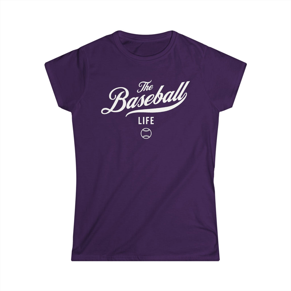 A women's purple cap-sleeve crewneck t-shirt with a white logo graphic on the front reading 'The Baseball Life' and a small baseball icon, displayed on a solid white background.
