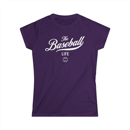 A women's purple cap-sleeve crewneck t-shirt with a white logo graphic on the front reading 'The Baseball Life' and a small baseball icon, displayed on a solid white background.