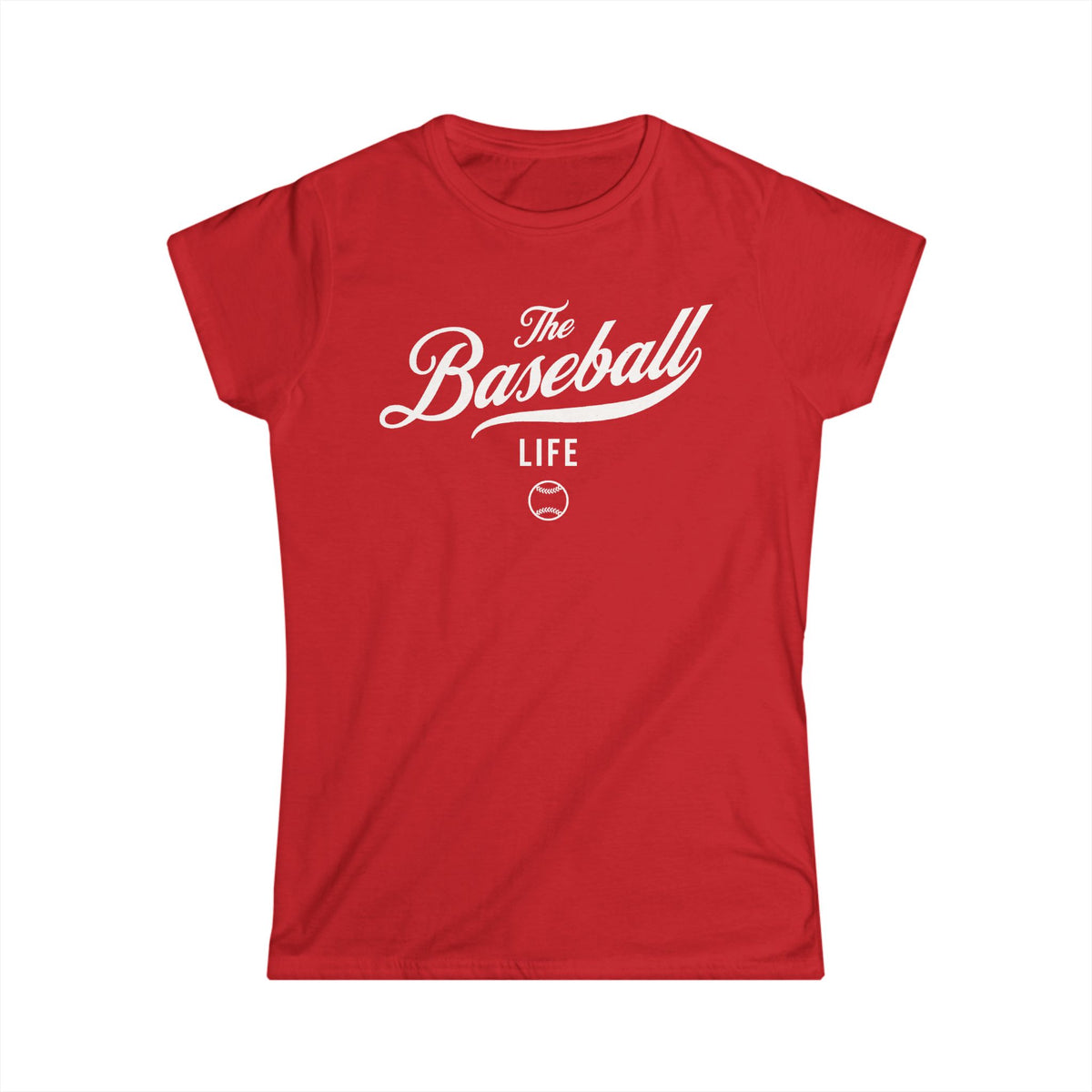 A women's red cap-sleeve crewneck t-shirt with a white logo graphic on the front reading 'The Baseball Life' and a small baseball icon, displayed on a solid white background.