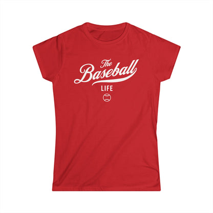 A women's red cap-sleeve crewneck t-shirt with a white logo graphic on the front reading 'The Baseball Life' and a small baseball icon, displayed on a solid white background.