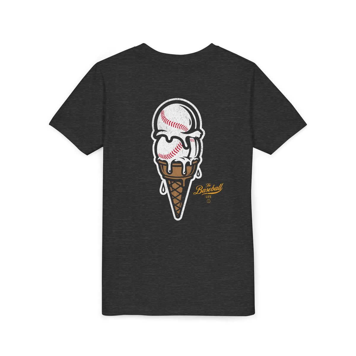 A dark grey heather t-shirt with a dripping double-scoop ice cream cone made of baseballs.