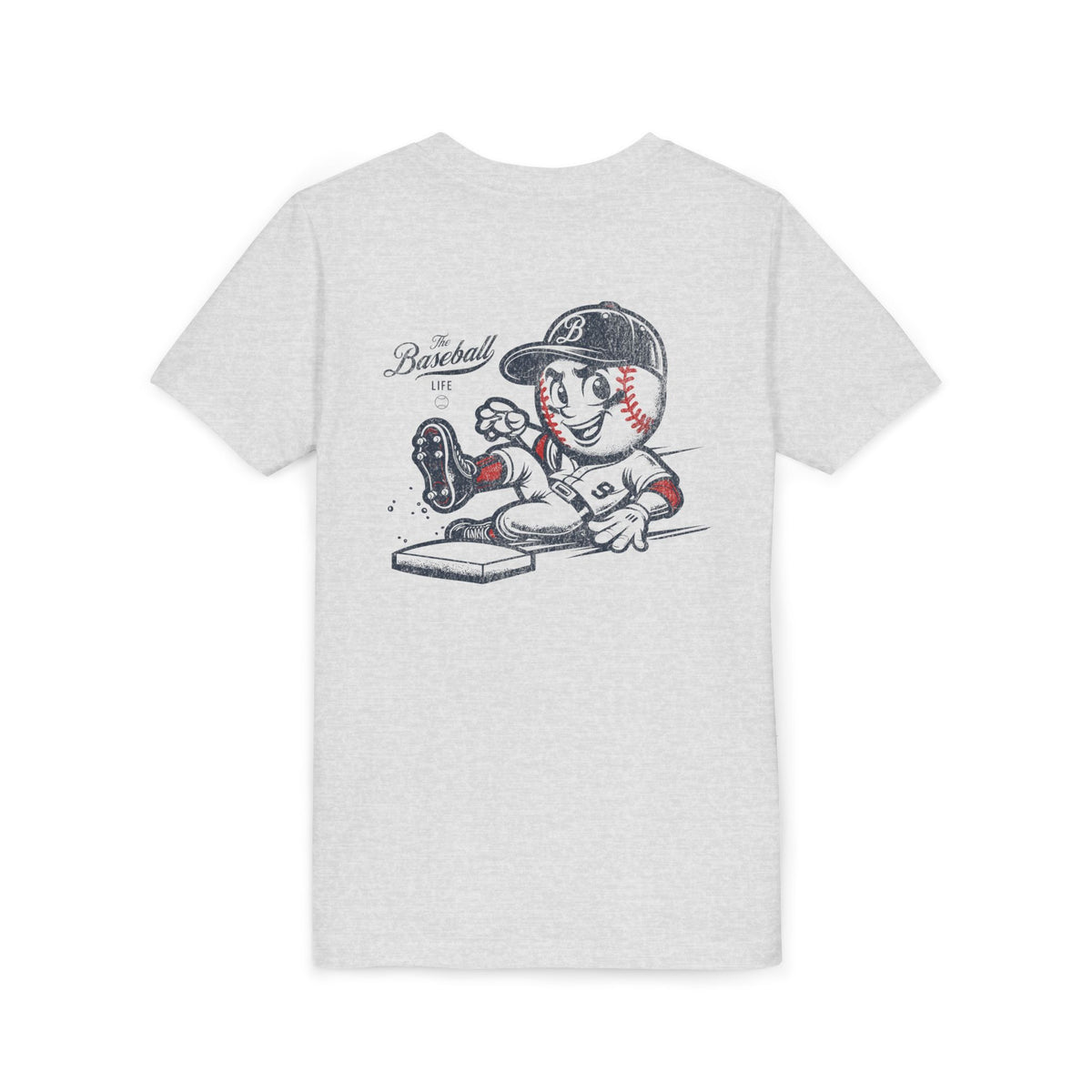 A heather ash grey t-shirt with a baseball mascot wearing a baseball uniform sliding into a base, kicking up dirt.