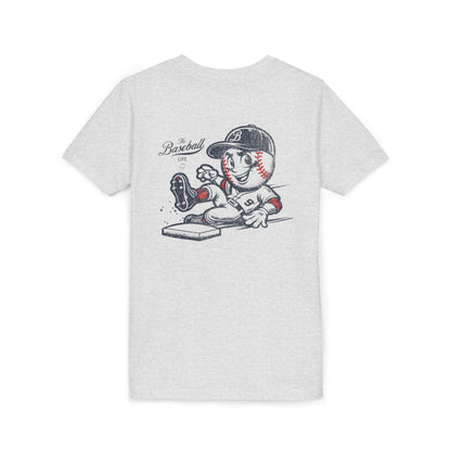 A heather ash grey t-shirt with a baseball mascot wearing a baseball uniform sliding into a base, kicking up dirt.
