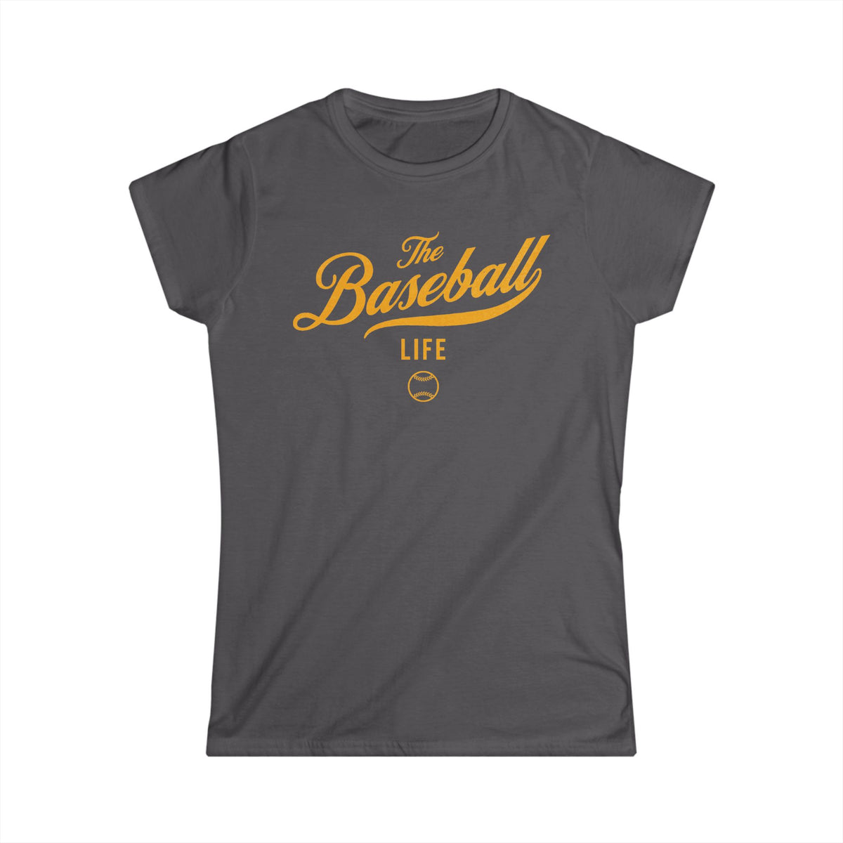 A women's charcoal gray cap-sleeve crewneck t-shirt with a yellow gold logo graphic on the front reading 'The Baseball Life' and a small baseball icon, displayed on a solid white background.
