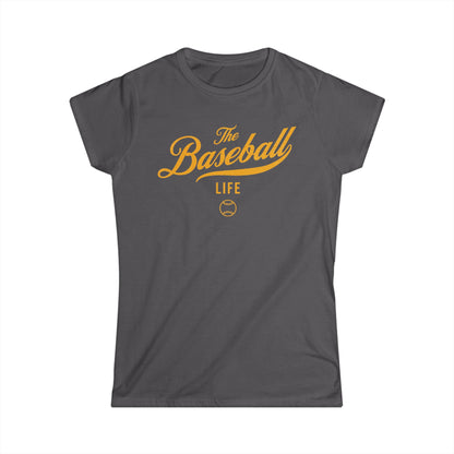 A women's charcoal gray cap-sleeve crewneck t-shirt with a yellow gold logo graphic on the front reading 'The Baseball Life' and a small baseball icon, displayed on a solid white background.