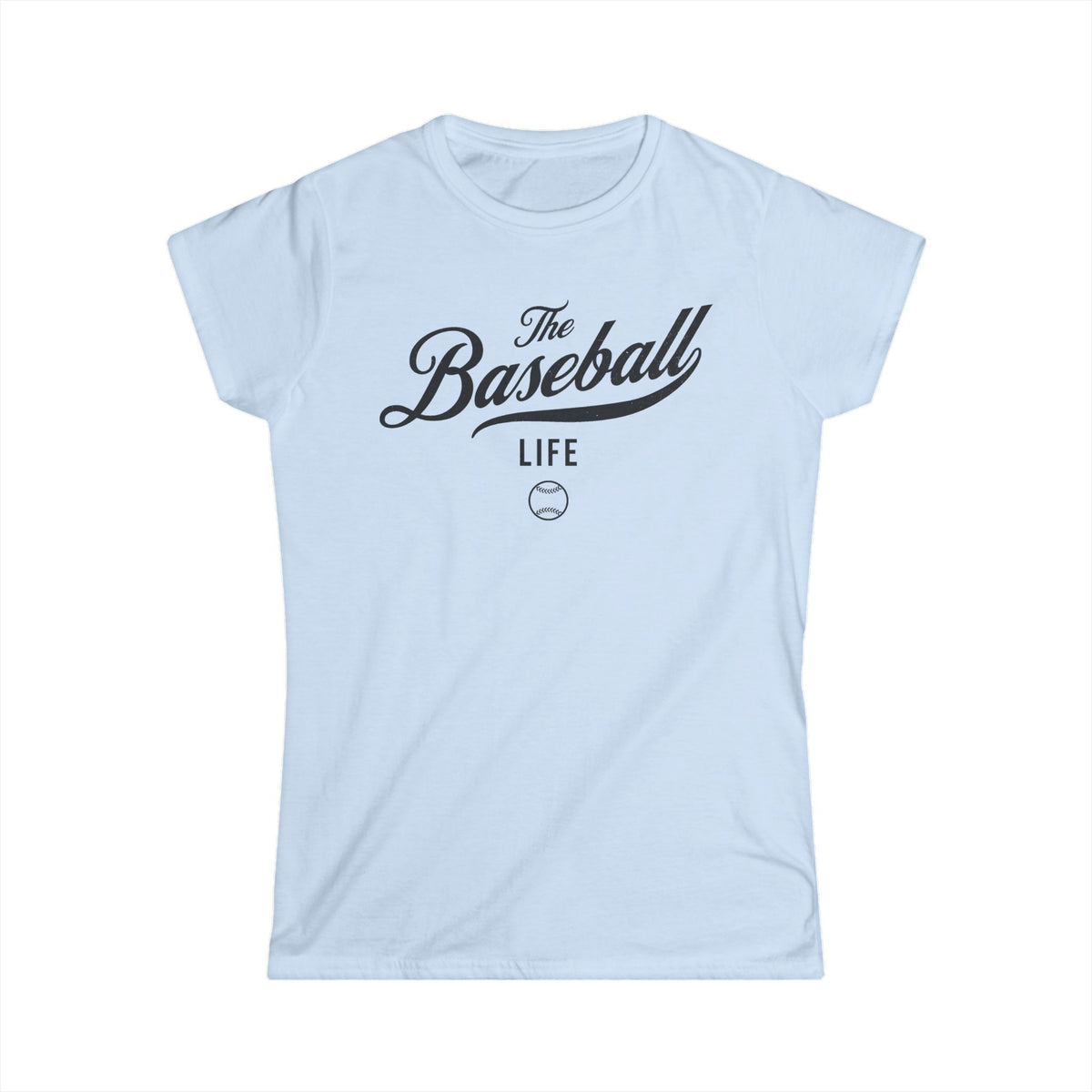 A women's light blue cap-sleeve t-shirt with a black The Baseball Life logo printed across the chest.