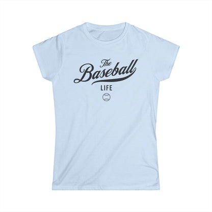 A women's light blue cap-sleeve t-shirt with a black The Baseball Life logo printed across the chest.
