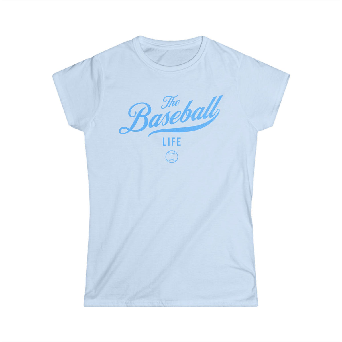 A women's light blue cap-sleeve crewneck t-shirt with a Carolina Blue logo graphic on the front reading 'The Baseball Life' and a small baseball icon, displayed on a solid white background.