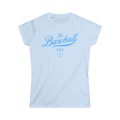 A women's light blue cap-sleeve crewneck t-shirt with a Carolina Blue logo graphic on the front reading 'The Baseball Life' and a small baseball icon, displayed on a solid white background.