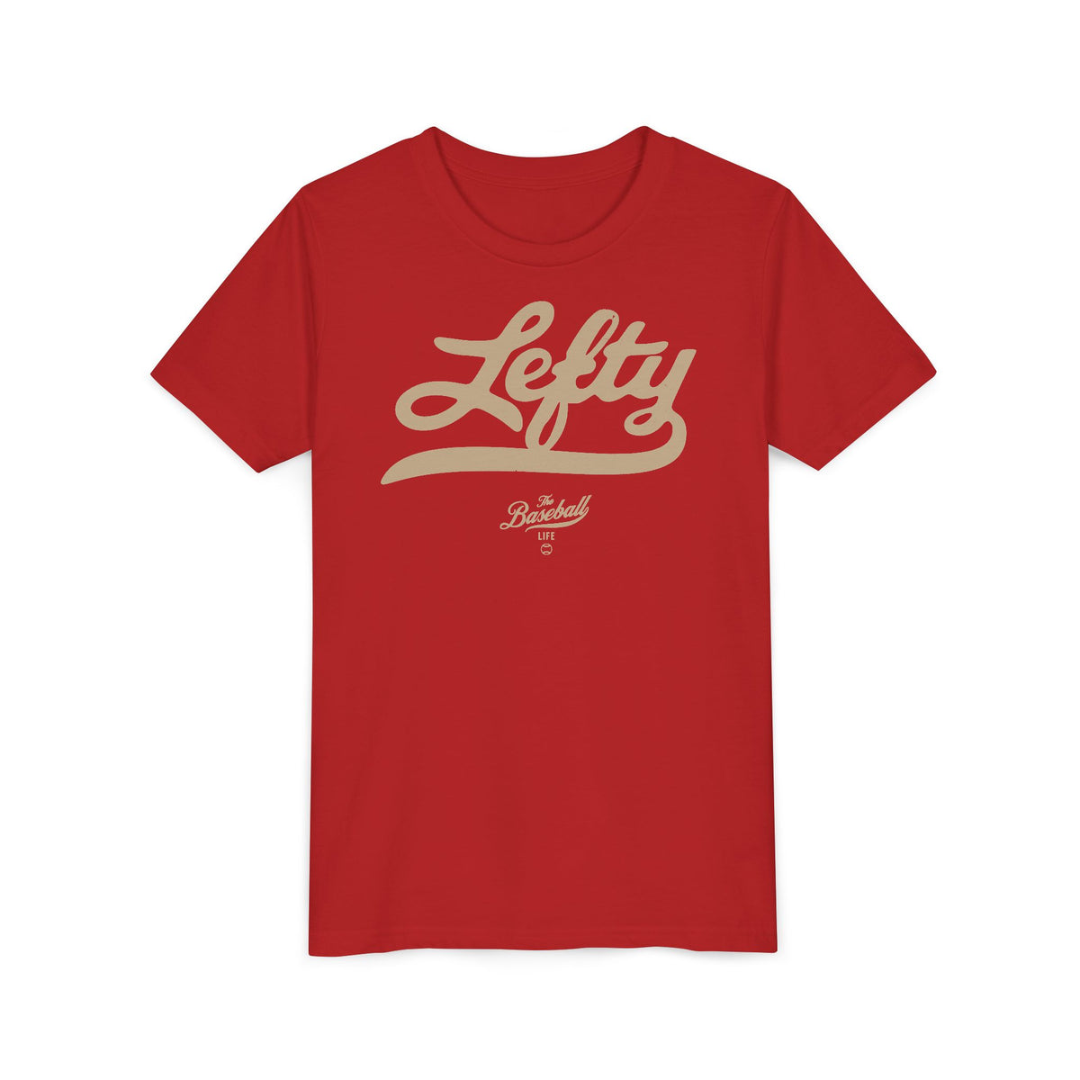 A red youth baseball t-shirt with vintage script lettering "Lefty" printed across the chest.