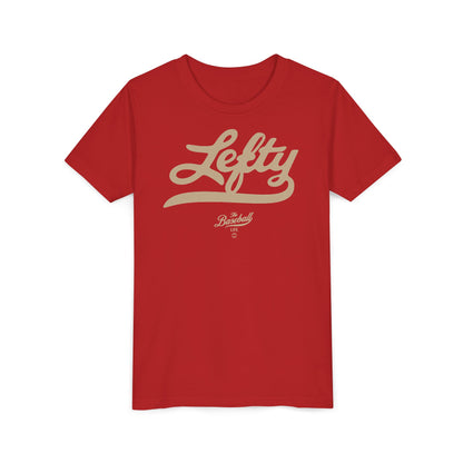 A red youth baseball t-shirt with vintage script lettering "Lefty" printed across the chest.