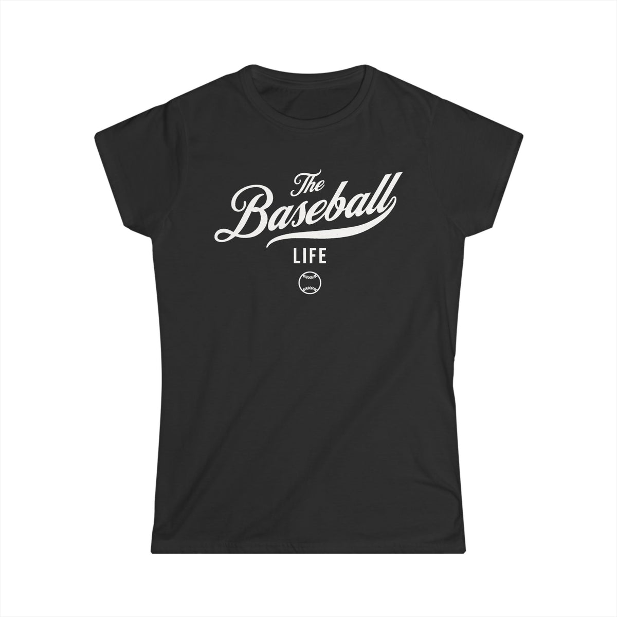A women's black cap-sleeve crewneck t-shirt with a white logo graphic on the front reading 'The Baseball Life' and a small baseball icon, displayed on a solid white background.