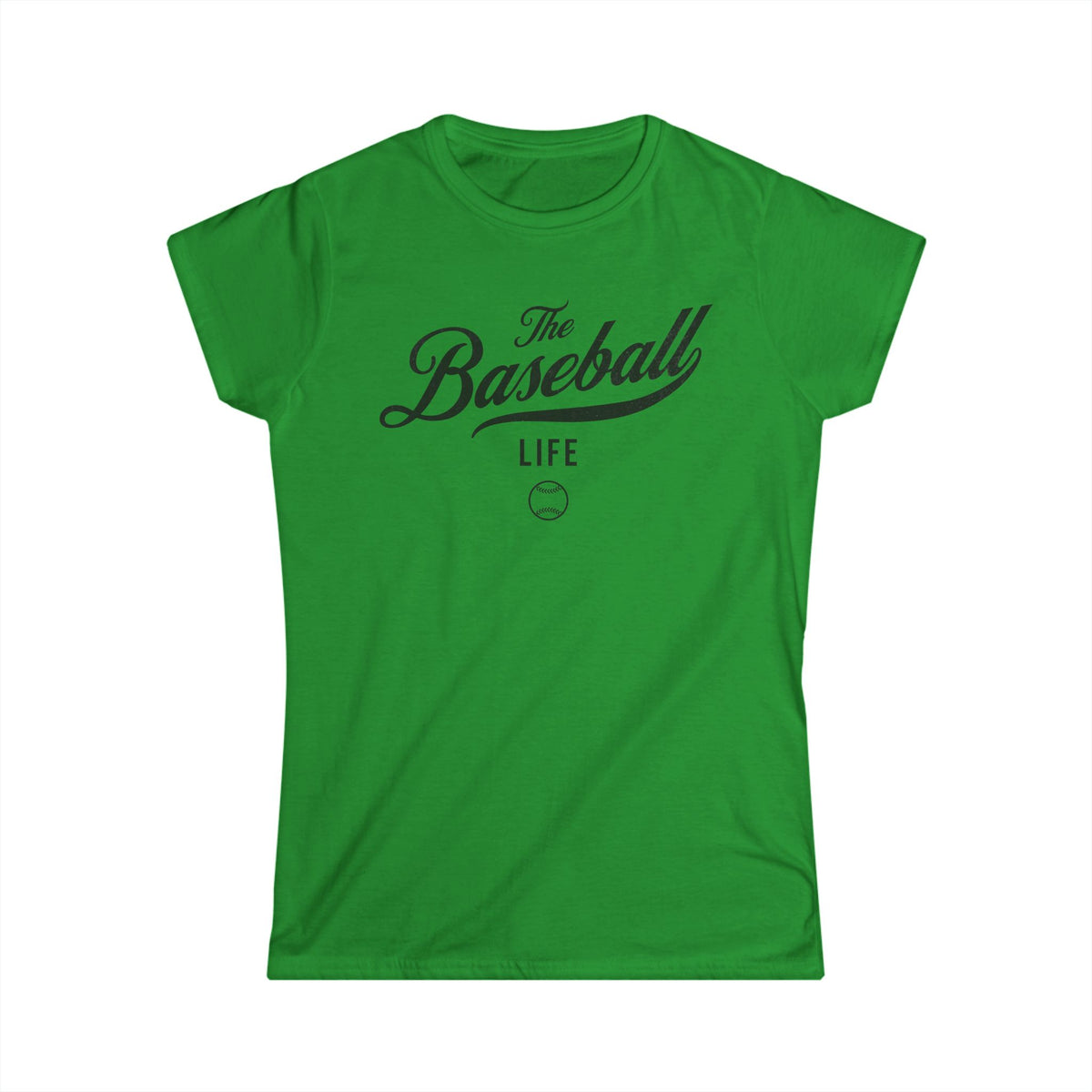 A women's Irish green cap-sleeve t-shirt with a black The Baseball Life logo printed across the chest.