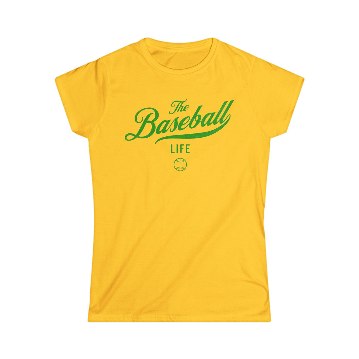 A women's daisy yellow cap-sleeve t-shirt with a green The Baseball Life logo printed across the chest.