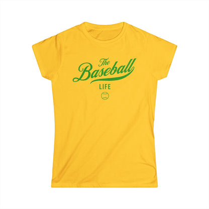 A women's daisy yellow cap-sleeve t-shirt with a green The Baseball Life logo printed across the chest.
