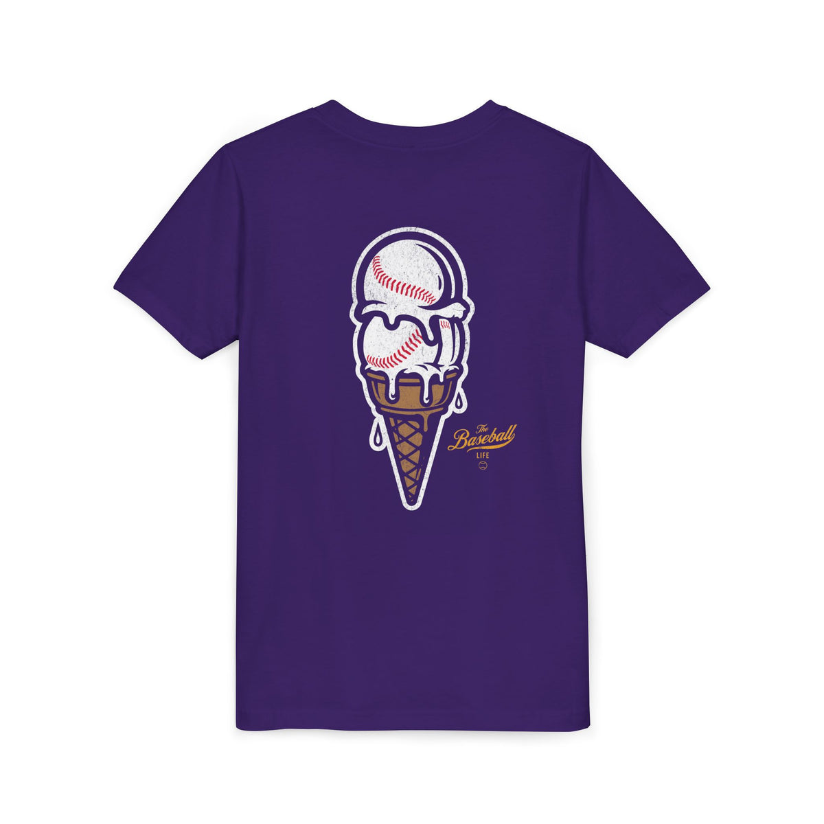 A purple t-shirt with a dripping double-scoop ice cream cone made of baseballs.
