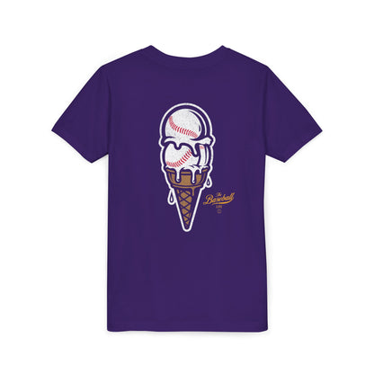 A purple t-shirt with a dripping double-scoop ice cream cone made of baseballs.