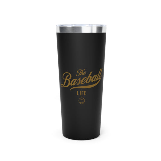 The Baseball Life 22oz Insulated Travel Tumbler_Black w Old Gold Print