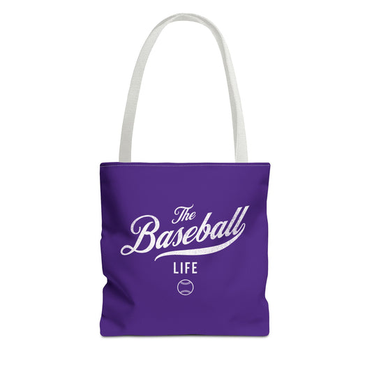 The Baseball Life Tote Bag_Purple w White Print