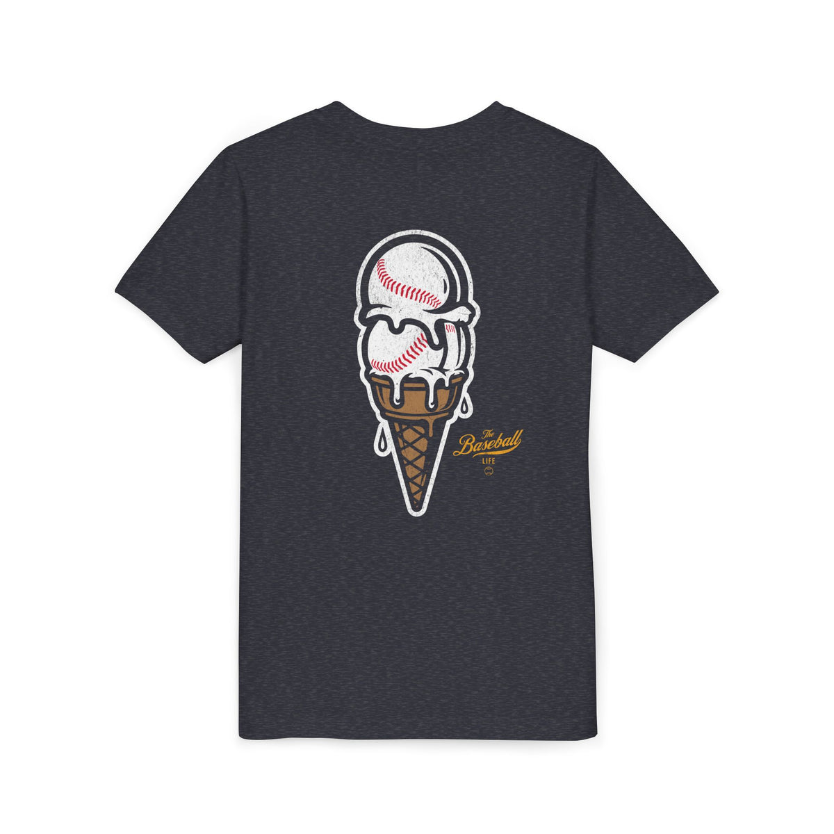 A heather navy t-shirt with a dripping double-scoop ice cream cone made of baseballs.