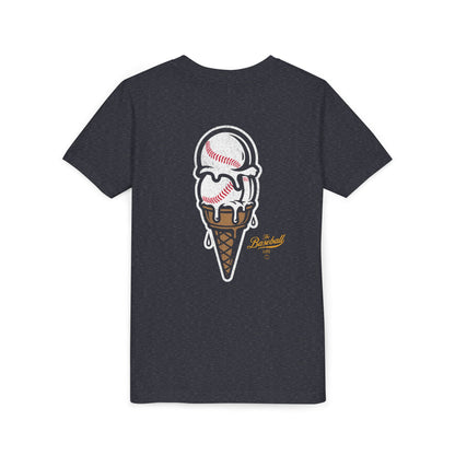 A heather navy t-shirt with a dripping double-scoop ice cream cone made of baseballs.